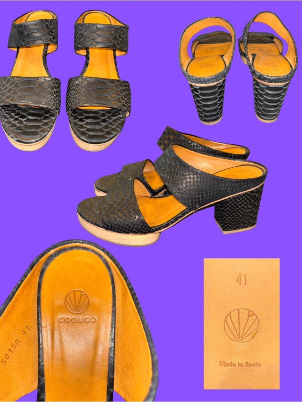 COCLICO Black Textured Leather Platform Mules